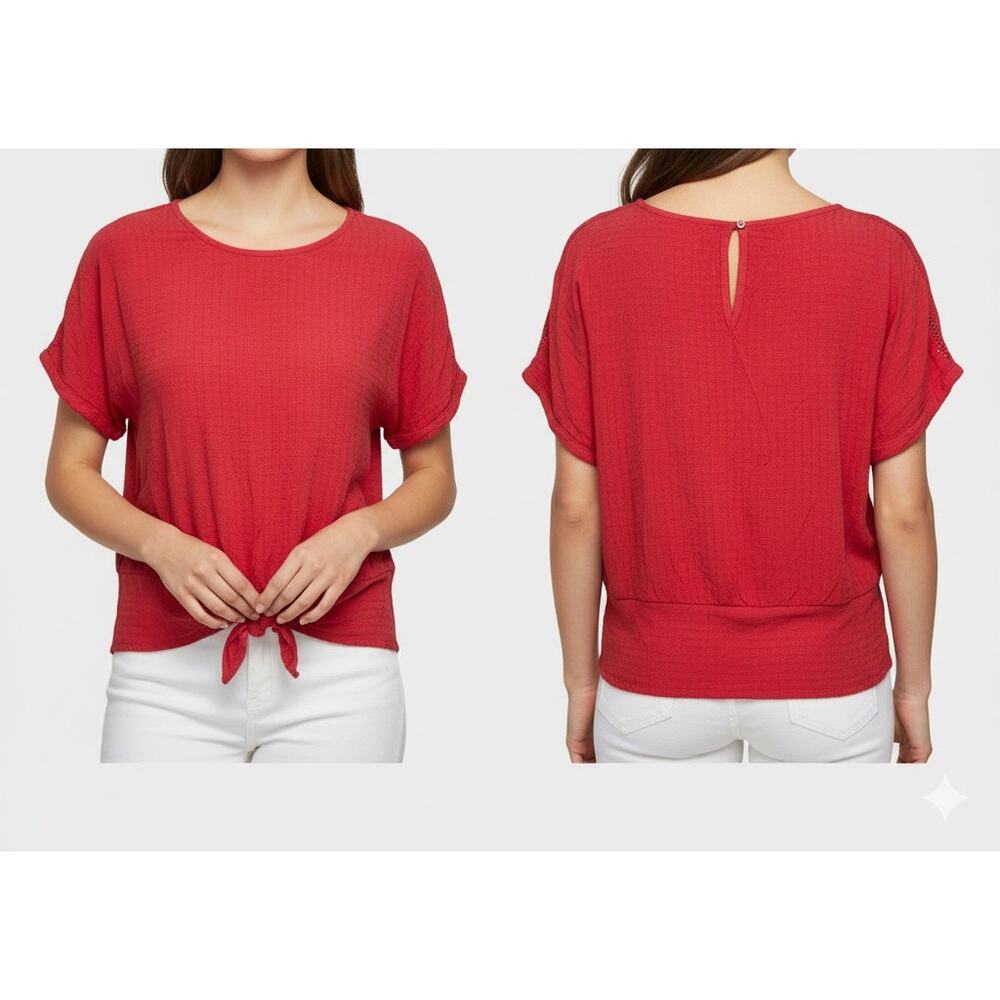 Buffalo David Bitton Womens Large Red Cap Sleeve Tie Waist Top 100% Viscose - Picture 11 of 12